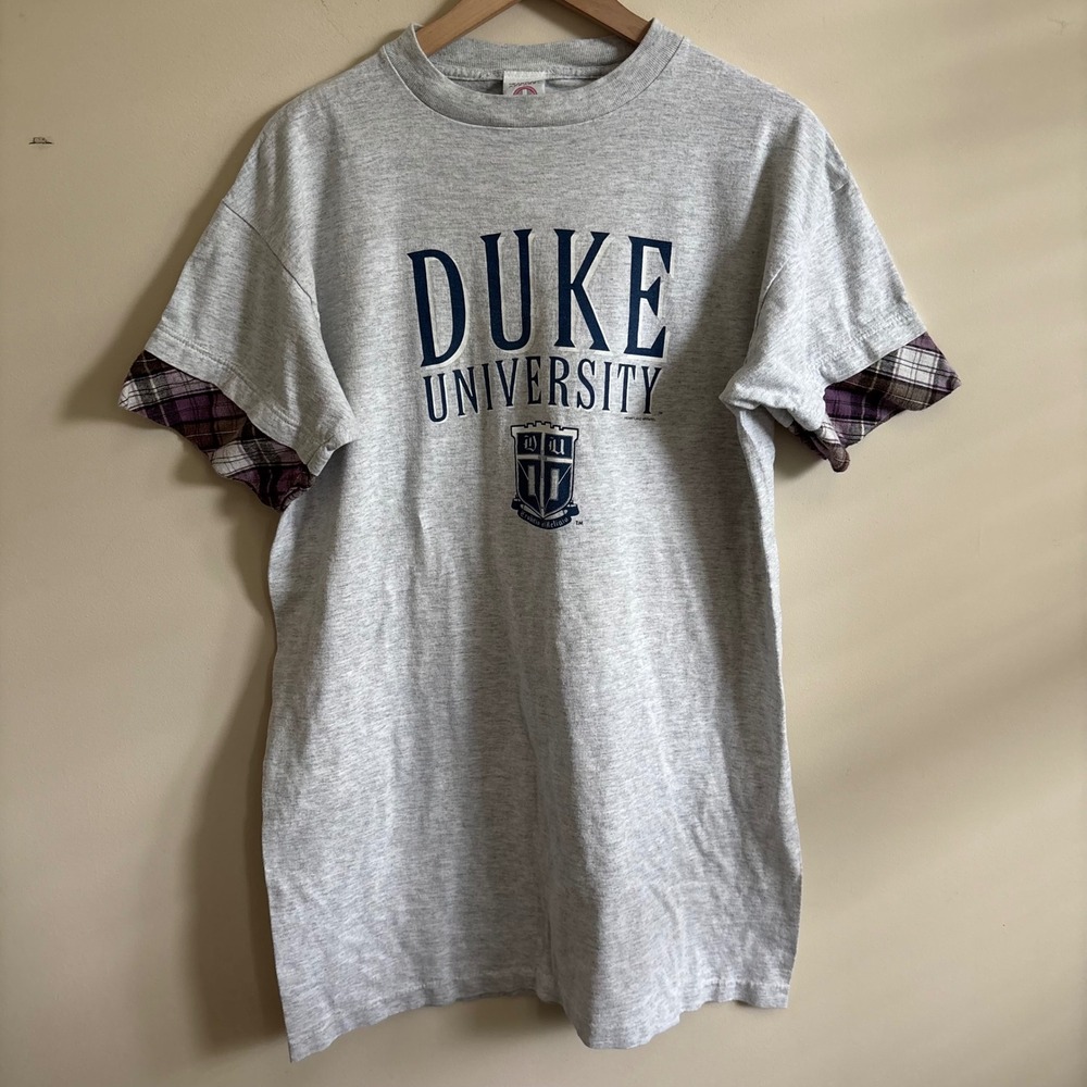 Vintage Duke University T-Shirt Gray Plaid Layered Sleeve Heartland Apparel USA
